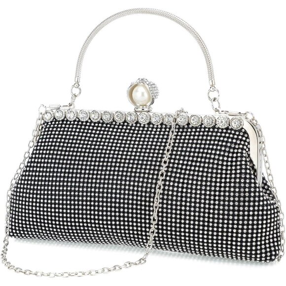 ⚡  Women's Rhinestones Envelope Style Chain Strap Black White Clutch Handbag - Picture 1 of 7